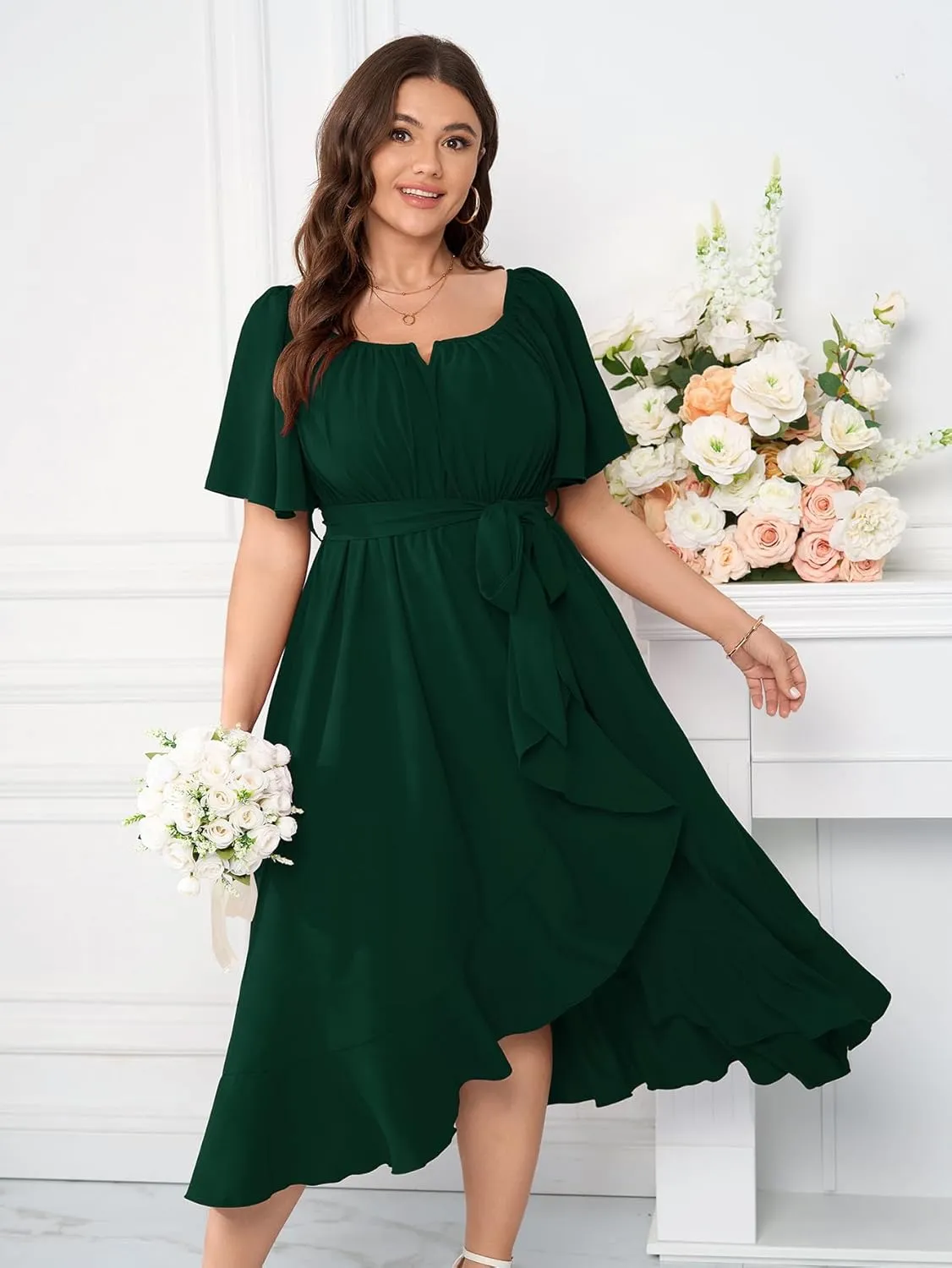 Womens Plus Size Midi Dresses Short Sleeve Square Neck Flowy A Line Formal Wedding Guest Dress Off The Shoulder