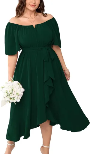 Womens Plus Size Midi Dresses Short Sleeve Square Neck Flowy A Line Formal Wedding Guest Dress Off The Shoulder