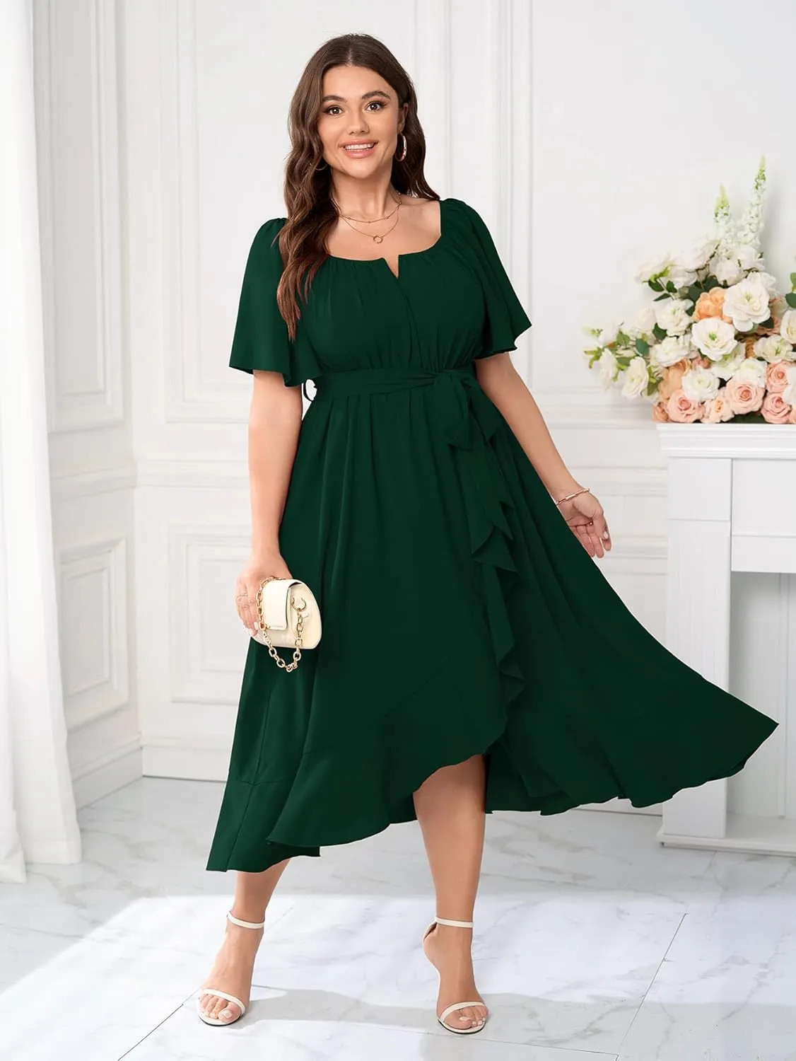 Womens Plus Size Midi Dresses Short Sleeve Square Neck Flowy A Line Formal Wedding Guest Dress Off The Shoulder