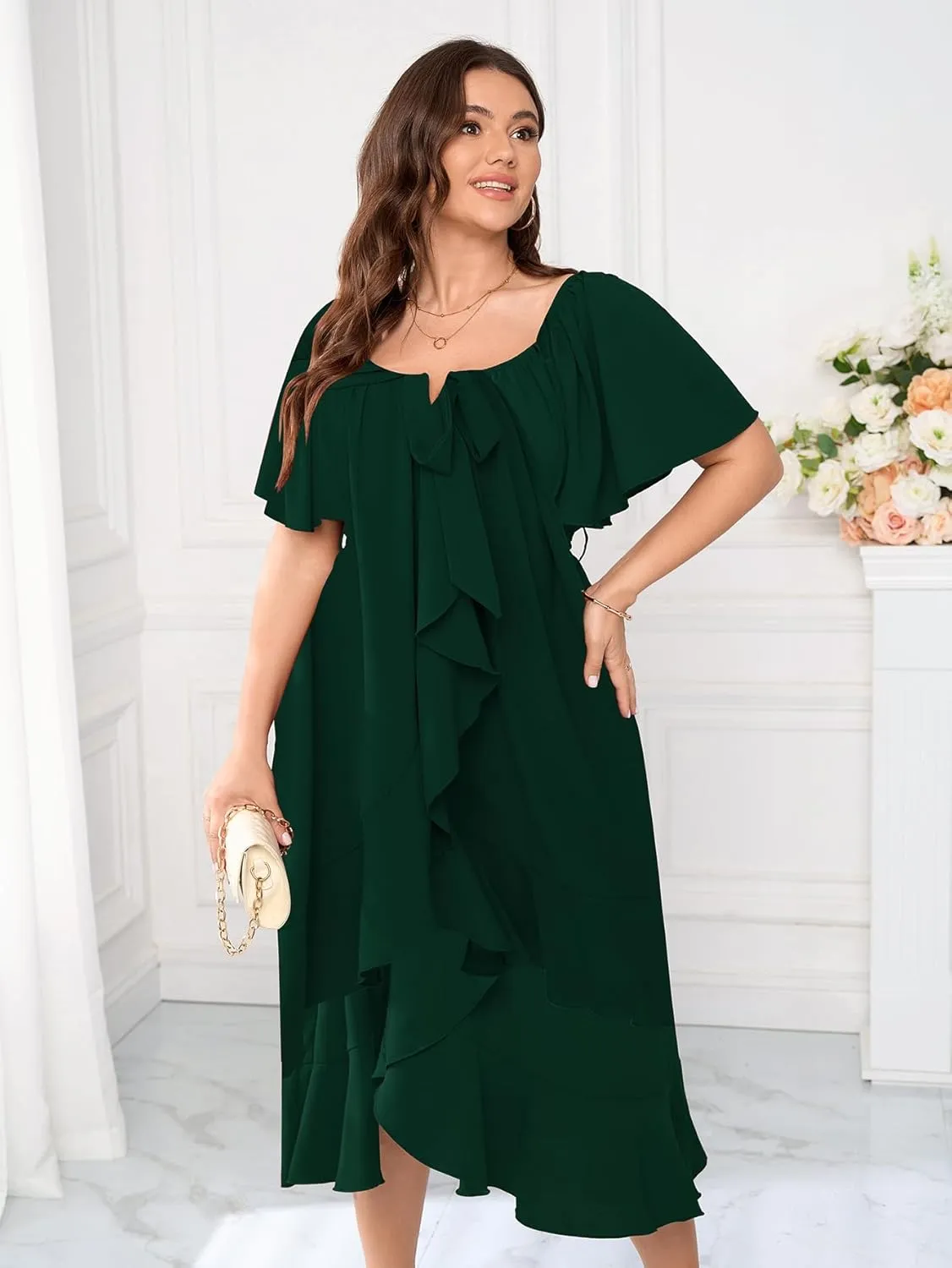 Womens Plus Size Midi Dresses Short Sleeve Square Neck Flowy A Line Formal Wedding Guest Dress Off The Shoulder