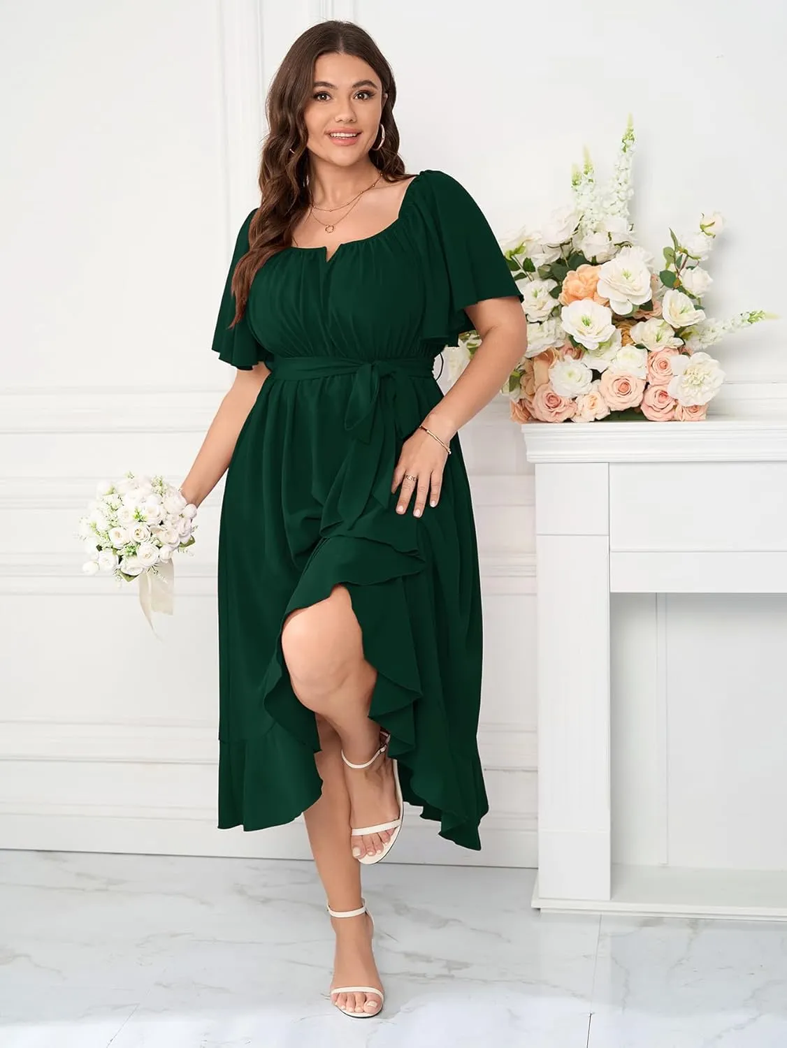 Womens Plus Size Midi Dresses Short Sleeve Square Neck Flowy A Line Formal Wedding Guest Dress Off The Shoulder