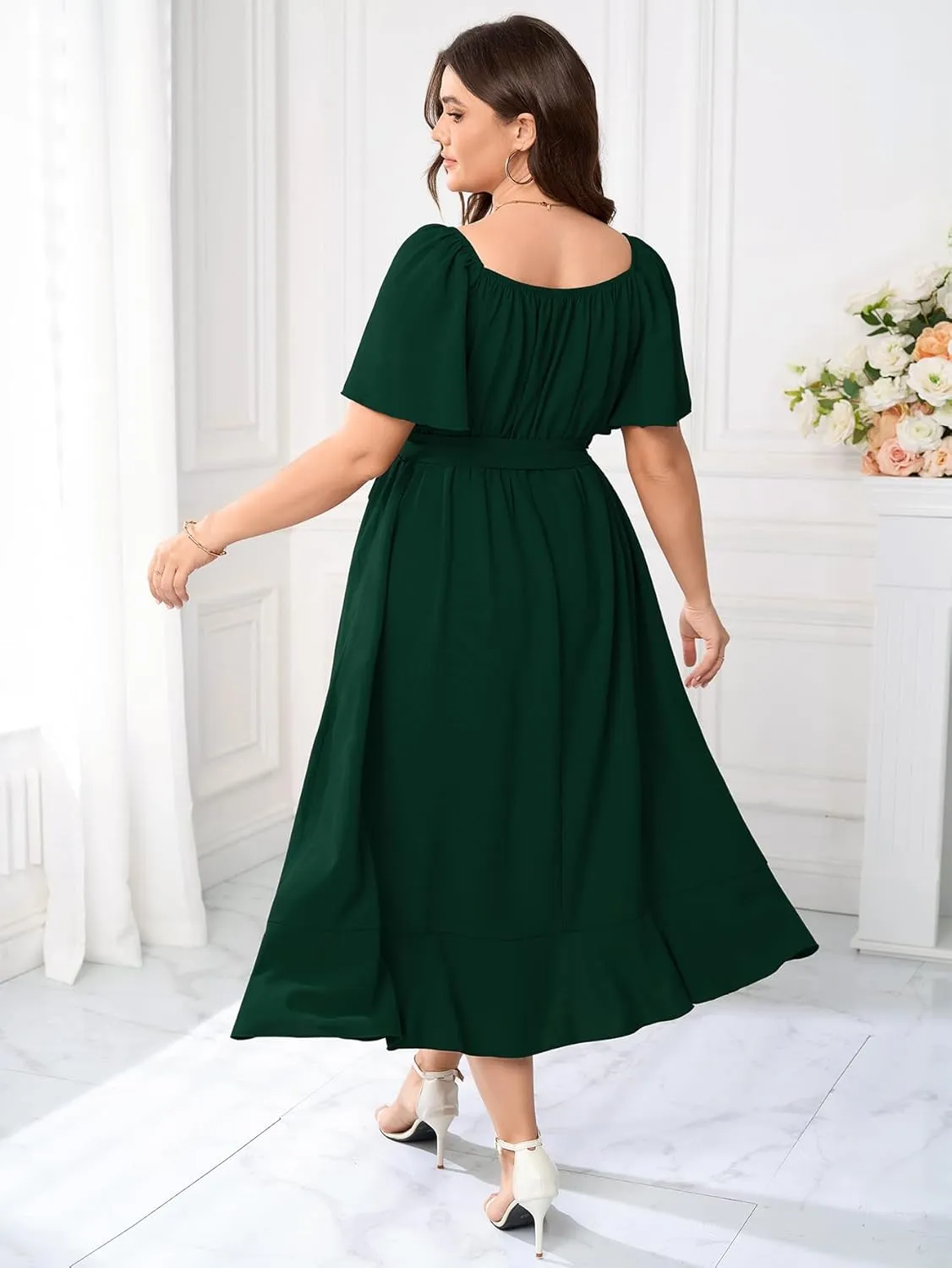 Womens Plus Size Midi Dresses Short Sleeve Square Neck Flowy A Line Formal Wedding Guest Dress Off The Shoulder