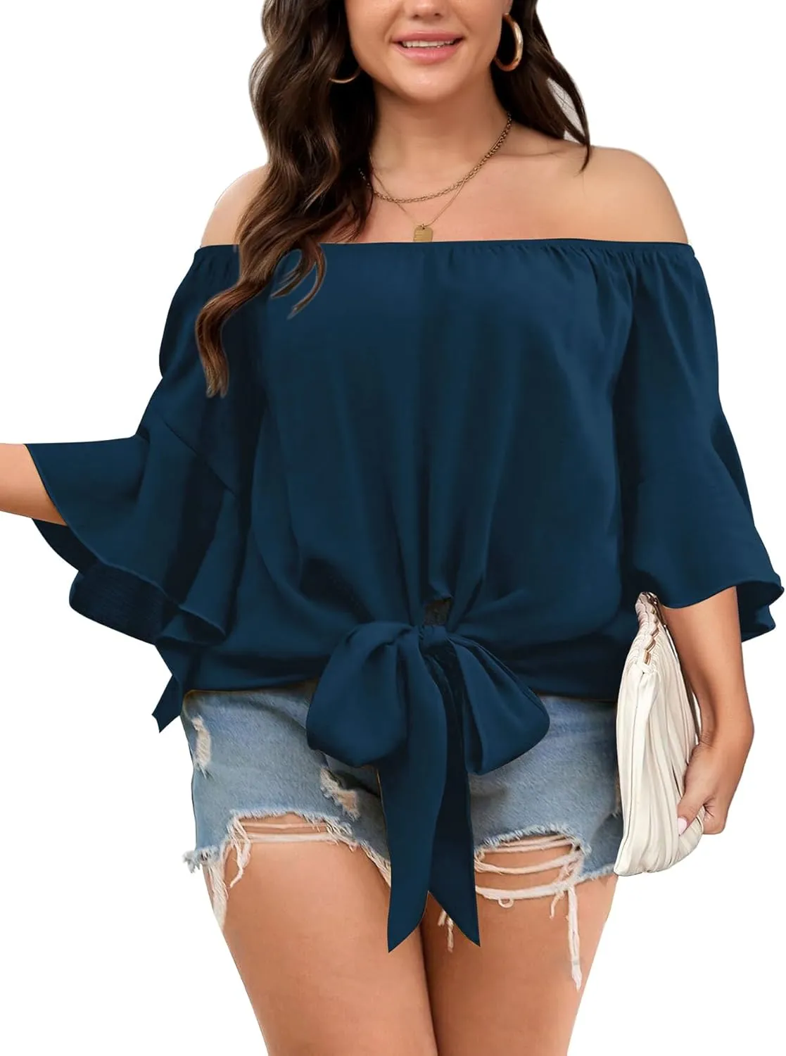 Womens Plus Size Off The Shoulder Blouse Tops Half Sleeves Tie Front Sexy Flowy Top