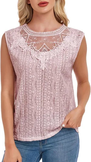 Women's Sleeveless Back Key Hole Tunic Tank Tops Casual Lace Shirt Blouses
