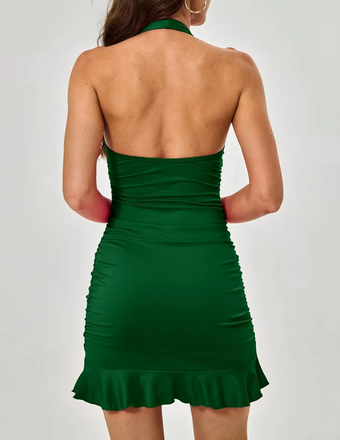 Women's Summer Backless Halter Bodycon Mini Dress V Neck Sleeveless Side Ruched Ruffle Party Club Casual Dress