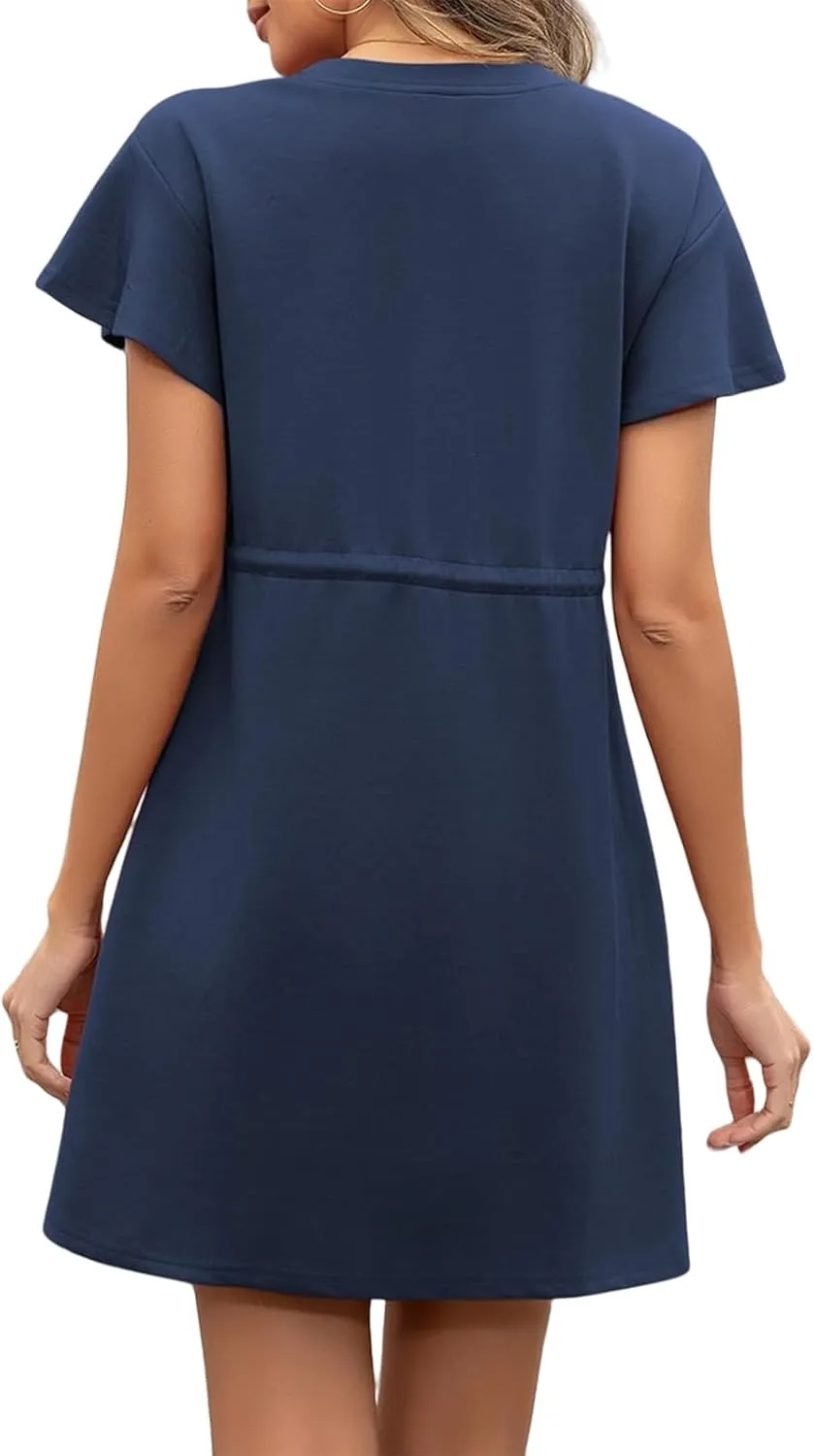 Womens Summer Mini Dress Casual Round Neck Ruffle Short Sleeve Dresses Trendy Drawstring Tunic Sundress with Pockets