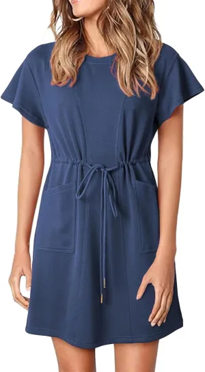Womens Summer Mini Dress Casual Round Neck Ruffle Short Sleeve Dresses Trendy Drawstring Tunic Sundress with Pockets