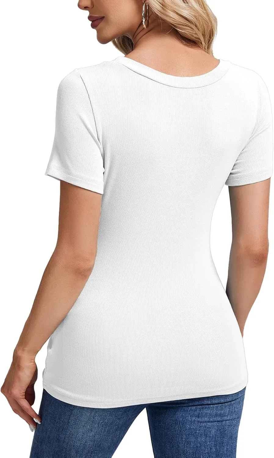 Womens Summer Short Sleeve Tops Scoop Neck Ribbed Knit Basic Tee Casual Shirts Slim Fitted 2025 Trendy Outfits