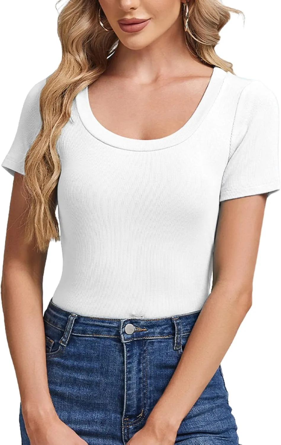 Womens Summer Short Sleeve Tops Scoop Neck Ribbed Knit Basic Tee Casual Shirts Slim Fitted 2025 Trendy Outfits