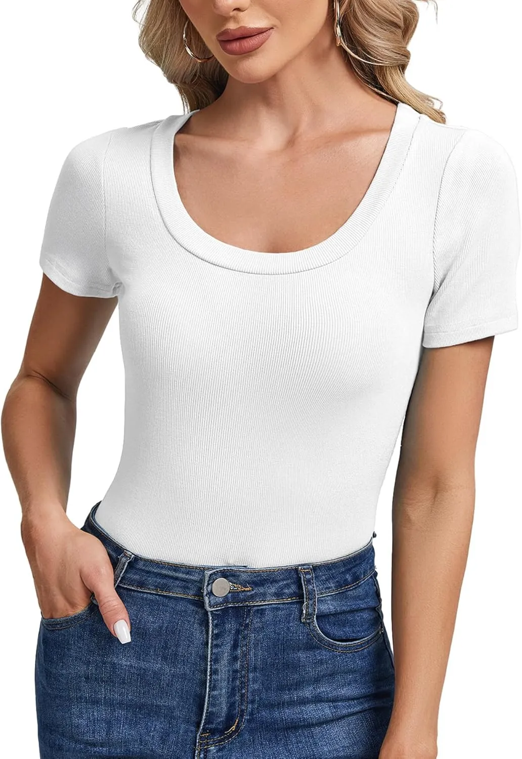 Womens Summer Short Sleeve Tops Scoop Neck Ribbed Knit Basic Tee Casual Shirts Slim Fitted 2025 Trendy Outfits